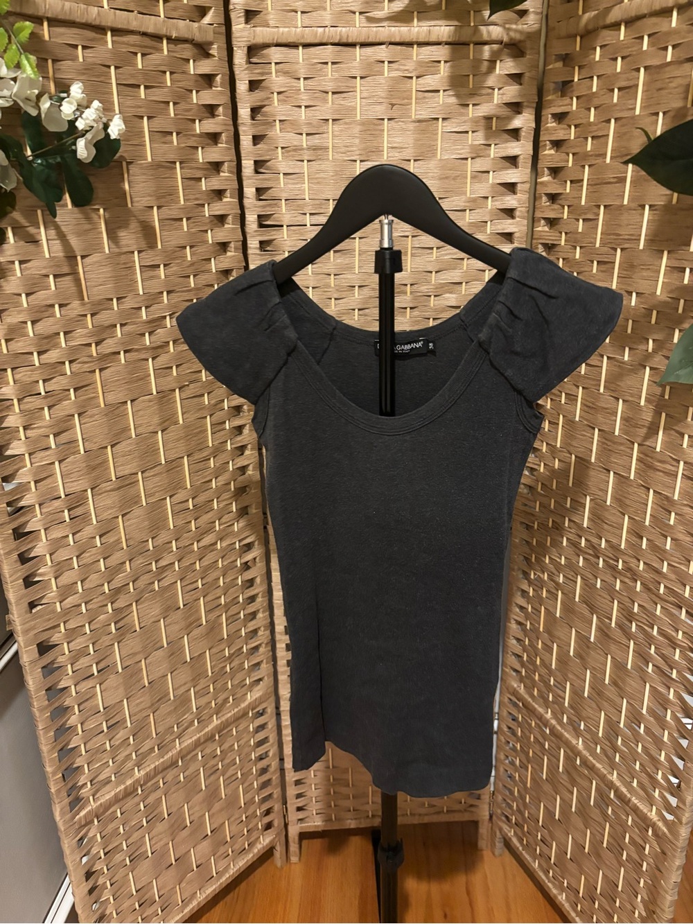 Vintage Dolce & Gabbana Women's Puff Sleeve Scoop Neck Top - Charcoal Grey